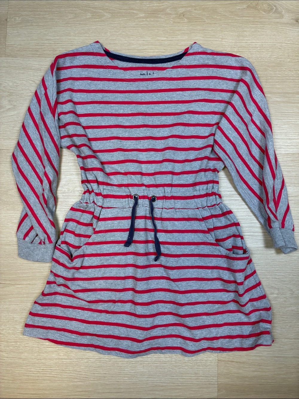 Mini Boden Grey & Red Striped Drawstring Waist Dress